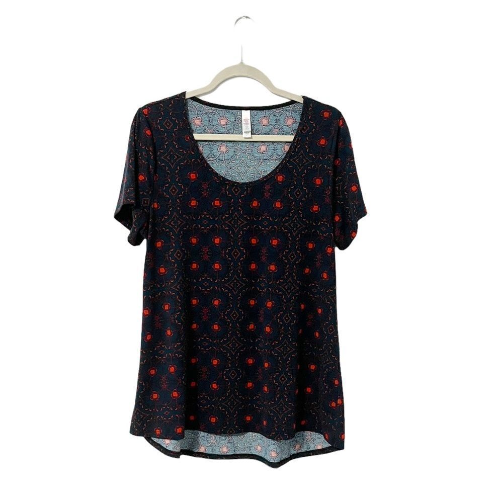 🟢LuLaRoe Classic T Teal & Red Geometric Floral Print Size L